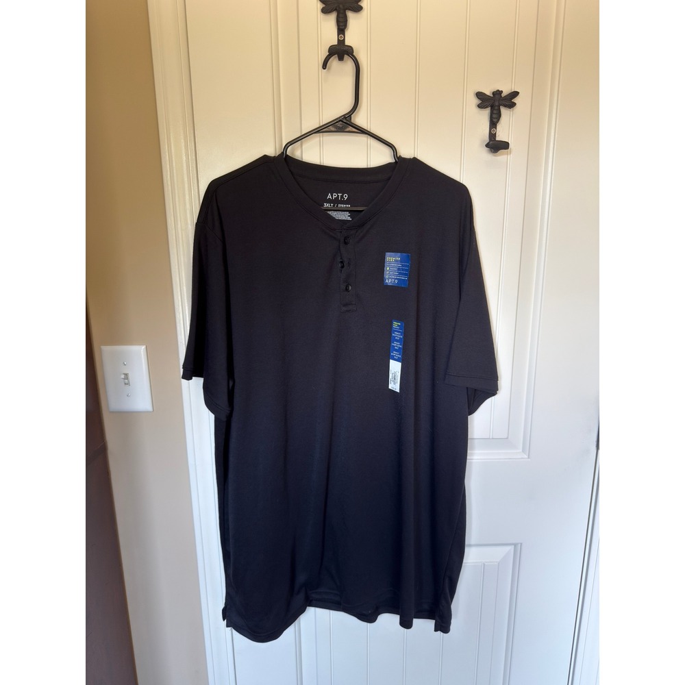 Apt. 9 Premier Flex Henley Shirt Mens 3XLT Black Short Sleeve Stretch New